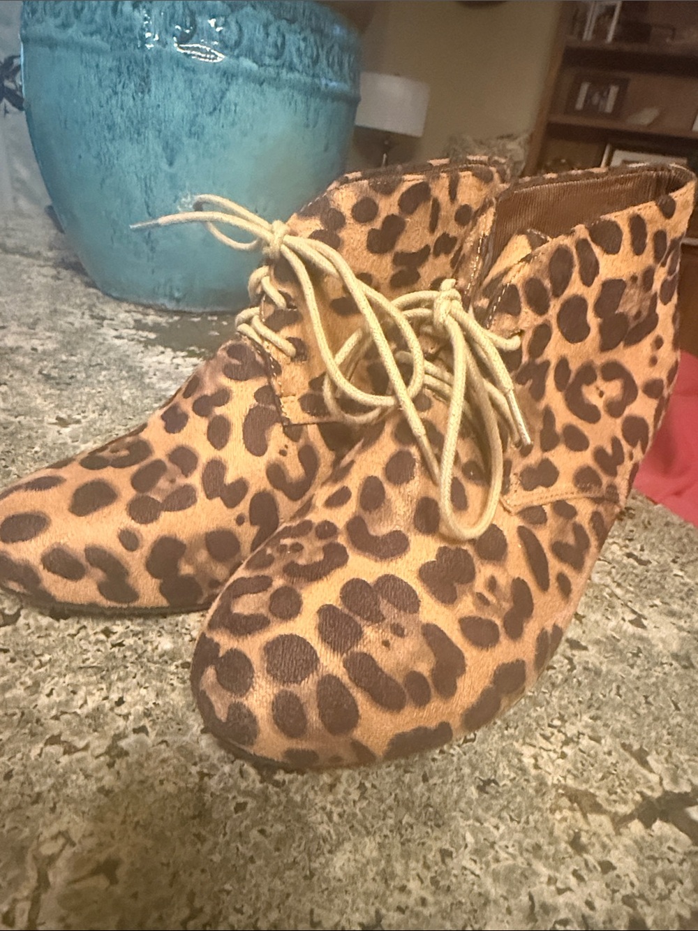 Bella Marie Leopard Print Lace-Up Ankle Booties - Tan and Brown